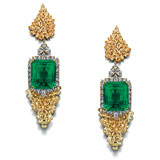 A PAIR OF SPECTACULAR EMERALD AND DIAMOND BRIOLETTE EAR PENDANTS -    - Auction of Fine Jewels