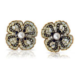 A PAIR OF ENAMEL AND DIAMOND 'FLOWER' EAR CLIPS -    - Spring Auction of Jewels