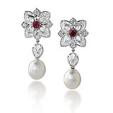 A PAIR OF DIAMOND, RUBY AND PEARL EAR PENDANTS -    - Spring Auction of Jewels