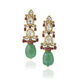 A PAIR OF EMERALD, DIAMOND AND RUBY EAR PENDANTS -    - Spring Auction of Jewels