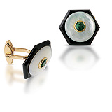 A PAIR OF MOTHER OF PEARL, EMERALD AND ONYX CUFFLINKS -    - Spring Auction of Jewels