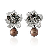 A PAIR OF DIAMOND, COLOURED DIAMOND AND PEARL EAR PENDANTS -    - Spring Auction of Jewels