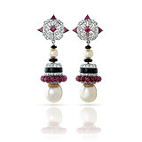 A PAIR OF PEARL, RUBY AND DIAMOND EAR PENDANTS -    - Spring Auction of Jewels