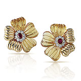 A PAIR OF TOPAZ, DIAMOND AND RUBY 'FLOWER' EAR CLIPS -    - Spring Auction of Jewels