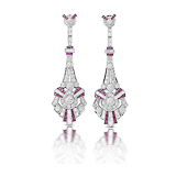A PAIR OF ART-DECO INSPIRED DIAMOND AND RUBY EAR PENDANTS -    - Fine Jewels and Objets d'Art