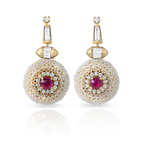 A PAIR OF PEARL, RUBY AND DIAMOND EAR PENDANTS -    - Fine Jewels and Objets d'Art
