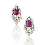 A PAIR OF RUBY, DIAMOND AND PEARL EAR PENDANTS -    - Fine Jewels and Objets d'Art