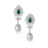 A PAIR OF EMERALD, DIAMOND AND PEARL EAR PENDANTS -    - Fine Jewels and Objets d'Art