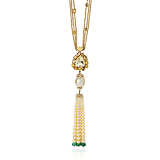 A DIAMOND, COLOURED DIAMOND AND PEARL TASSEL NECKLACE -    - Fine Jewels and Objets d'Art