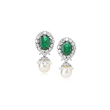 A PAIR OF EMERALD, PEARL AND DIAMOND EAR PENDANTS -    - Auction of Fine Jewels & Watches