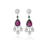 A PAIR OF RUBELITE, PEARL AND DIAMOND EAR PENDANTS -    - Auction of Fine Jewels and Watches