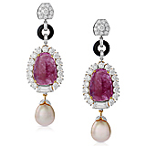 A PAIR OF RUBY, PEARL AND DIAMOND EAR PENDANTS -    - Auction of Fine Jewels & Watches