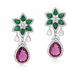 A PAIR OF RUBELLITE, EMERALD AND DIAMOND EAR PENDANTS -    - Auction of Fine Jewels & Watches