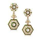 A PAIR OF 'POLKI' DIAMOND AND EMERALD EAR PENDANTS -    - Auction of Fine Jewels & Watches