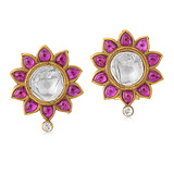 A PAIR OF RUBY AND 'POLKI' DIAMOND EAR CLIPS -    - Auction of Fine Jewels & Watches