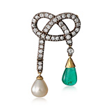 A PEARL, EMERALD AND DIAMOND 'GIRANDOLE' BROOCH -    - Auction of Fine Jewels & Watches