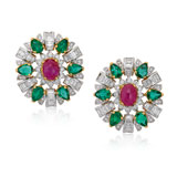 A PAIR OF RUBY, EMERALD AND DIAMOND EAR CLIPS -    - Autumn Auction of Fine Jewels and Silver