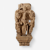 A WOOD CARVING OF KRISHNA WITH SATYABHAMA AND RUKHMANI -    - Live Auction: South Asian Treasures