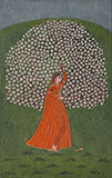 A MAIDEN BEFORE A BLOSSOMING TREE              <br><i>in the style of Mola Ram</i> -    - Classical Indian Art 