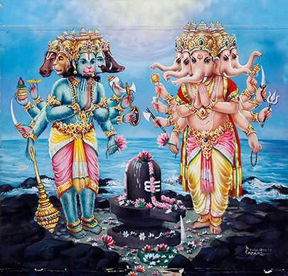 PAINTING OF HANUMAN AND GANESHA PRAYING TO SHIVA BY PARANI,PEARL ARTS ...