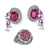 SUITE OF BURMESE RUBY AND DIAMOND EAR PENDANTS, AND RING -    - Fine Jewels and Watches