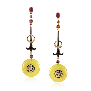 A PAIR OF CHALCEDONY AND RUBY 'CRESCENT MOON BUTTON' EARRINGS