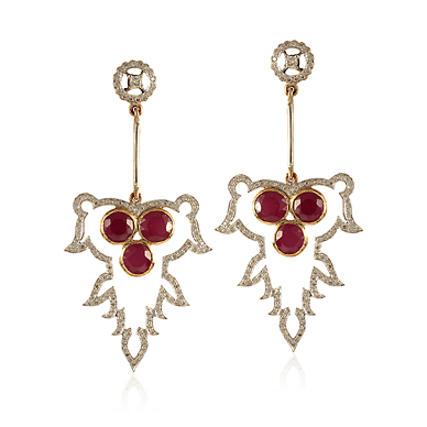 A PAIR OF RUBY AND DIAMOND 'ABSTRACT FLOWER' EARRINGS