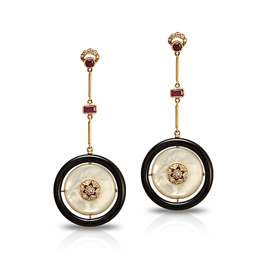 A PAIR OF MOTHER OF PEARL, RUBY AND DIAMOND EARRINGS