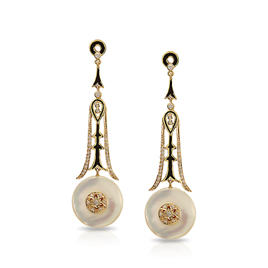 A PAIR OF MOTHER OF PEARL AND DIAMOND DECO EARRINGS