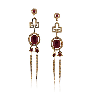 A PAIR OF RUBY AND DIAMOND 'ICE PICK DECO' EARRINGS
