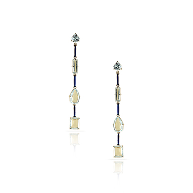 A PAIR OF AQUAMARINE AND BLUE ENAMEL STICK EARRINGS