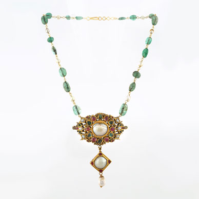 A PEARL, EMERALD AND RUBY PENDANT
