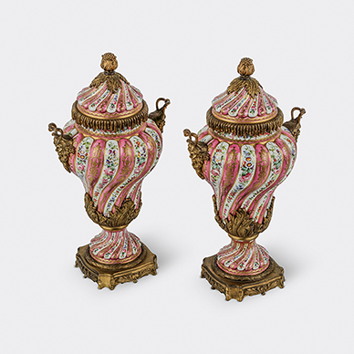 PAIR OF ORMOLU MOUNTED ROSE POMPADOUR PORCELAIN VASES WITH COVERS BY SÈVRES
