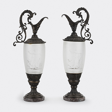 PAIR OF CRYSTAL AND PATINATED BRONZE EWERS BY LALIQUE