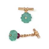 CARVED EMERALD, RUBY AND DIAMOND CUFFLINKS -    - The Collector`s Eye