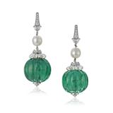 PAIR OF EMERALD AND DIAMOND EARRINGS -    - Online Auction of Fine Jewels