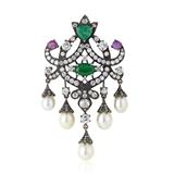 NATURAL PEARL, EMERALD, AND RUBY BROOCH -    - Online Auction of Fine Jewels