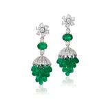 PAIR OF EMERALD AND DIAMOND EAR PENDANTS -    - Online Auction of Fine Jewels
