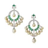 PAIR OF EMERALD, PEARL AND DIAMOND CHANDBALI EARRINGS -    - Online Auction of Fine Jewels