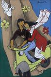 It has to be an Italian invention of Vespa scooters to make lovers embrace each other - M F Husain - Spring Live Auction | Modern Indian Art