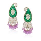 PAIR OF DIAMOND, EMERALD AND PINK SAPPHIRE EARRINGS -    - Fine Jewels, Silver and Watches