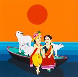 Krishna sailing on the River-Farhad  Hussain-The Art of India Auction (May 18-19, 2022)