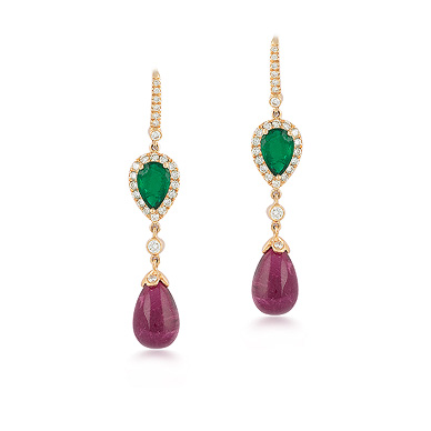 A PAIR OF RUBELLITE, EMERALD AND DIAMOND EAR PENDANTS @ Fine Jewels, A ...